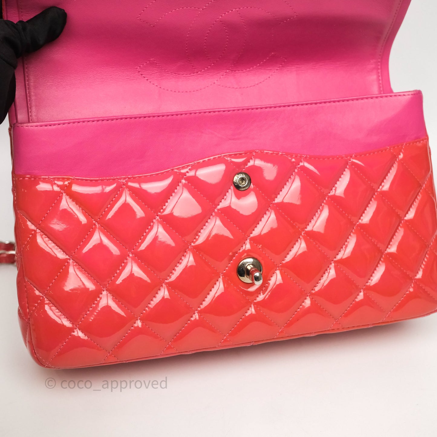Chanel Jumbo Double Flap Red Orange Patent Silver Hardware⁣⁣