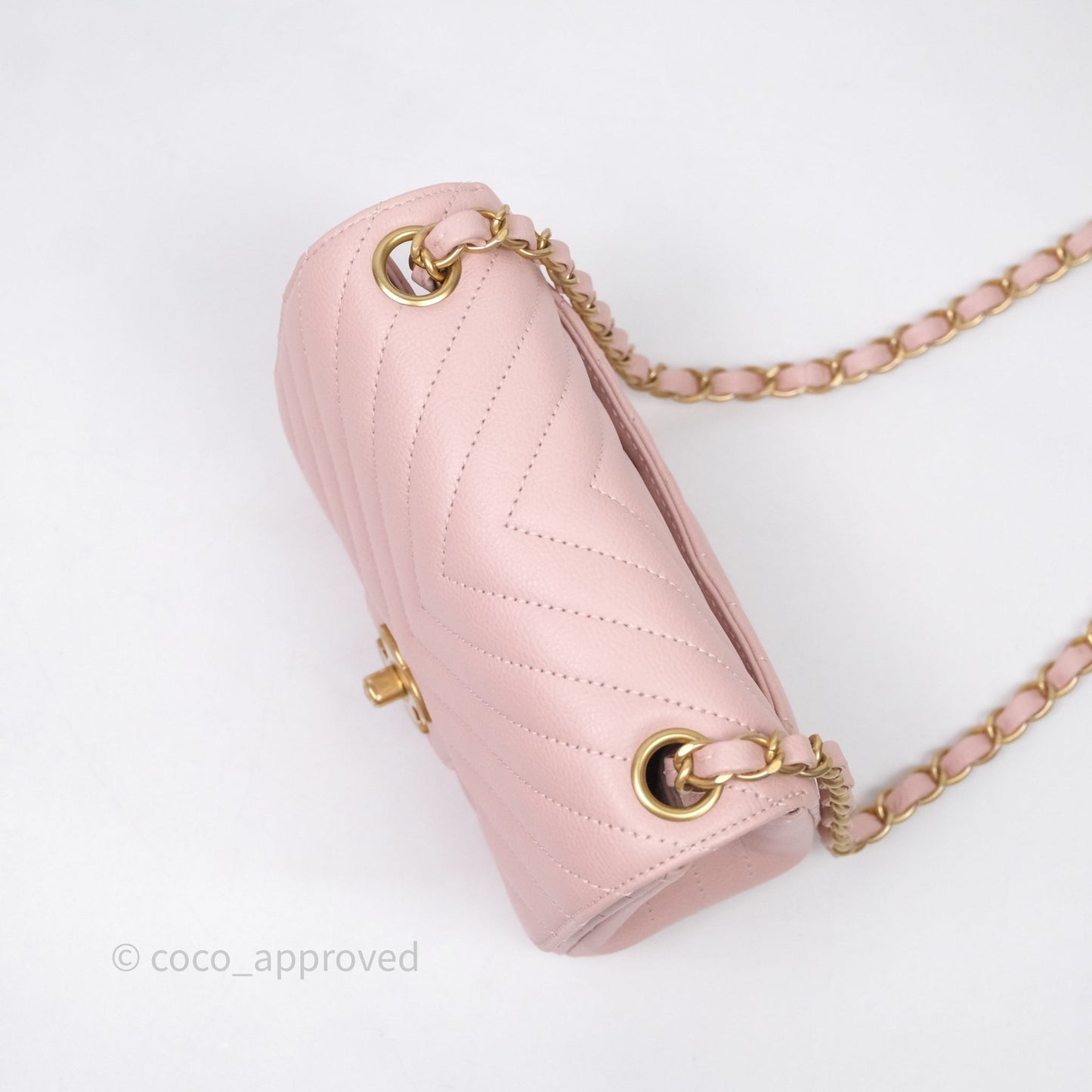 Chanel Mini Square Chevron Pink Calfskin Aged Gold Hardware
