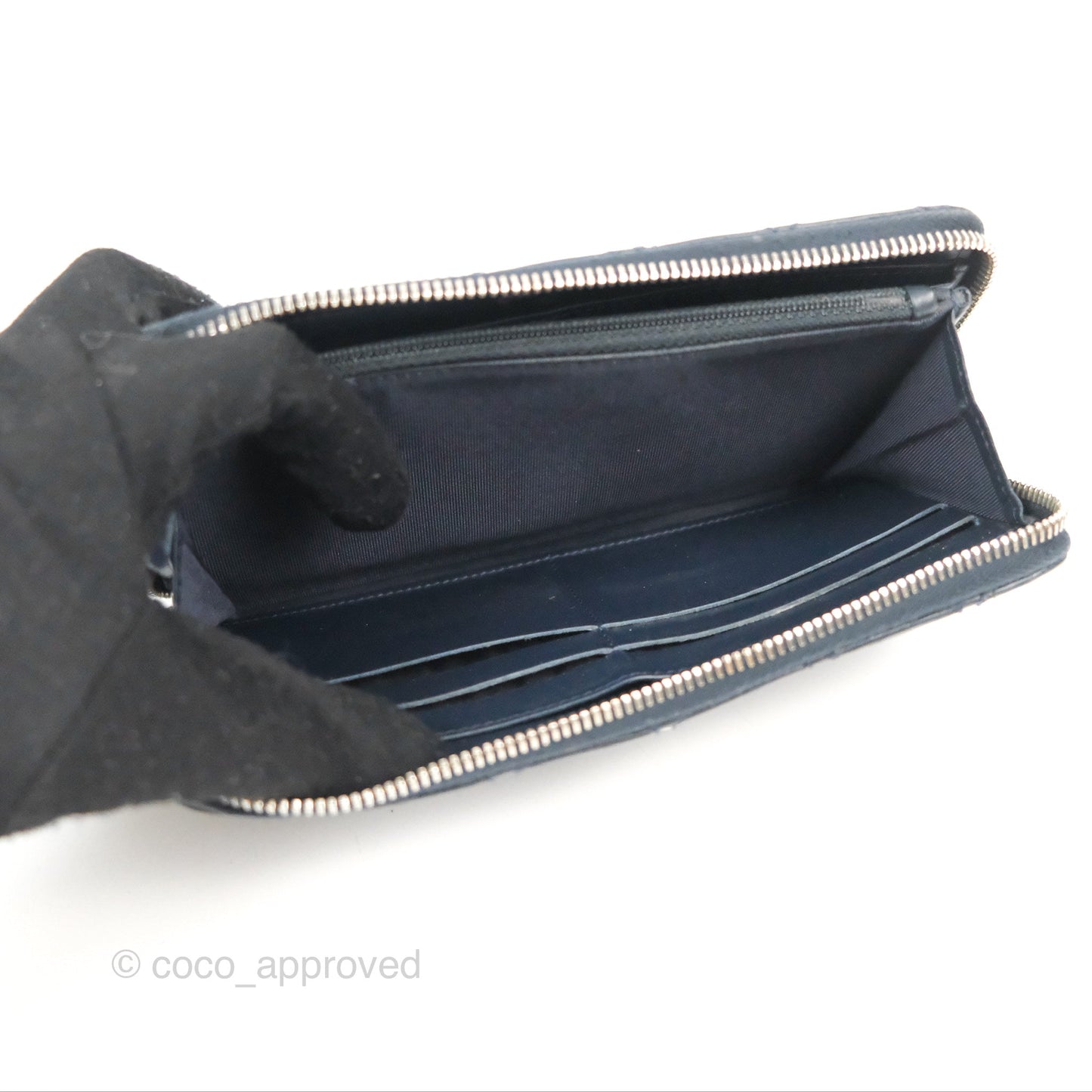 Chanel Quilted Zip Long Wallet Navy Lambskin Silver Hardware