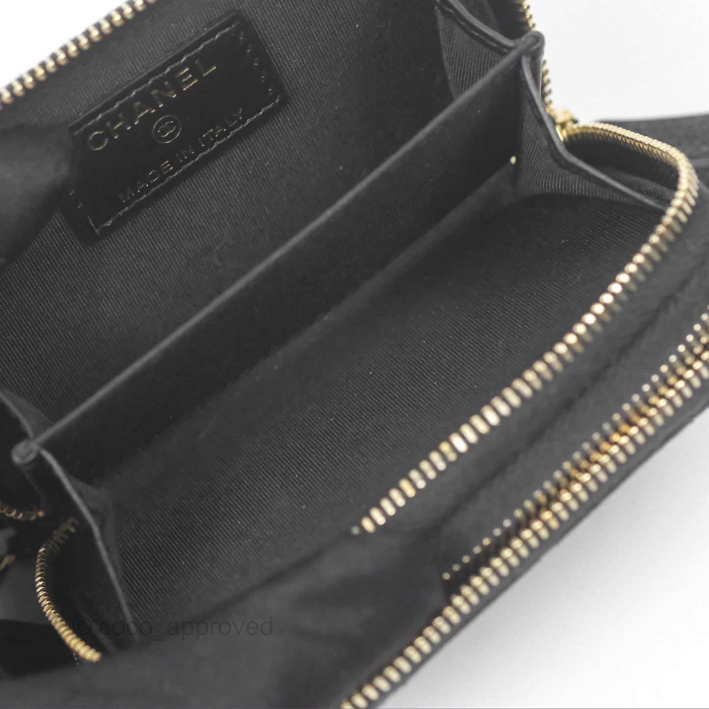Chanel Miss Coco Quilted Zip Card Holder on Chain Black Caviar Gold Hardware