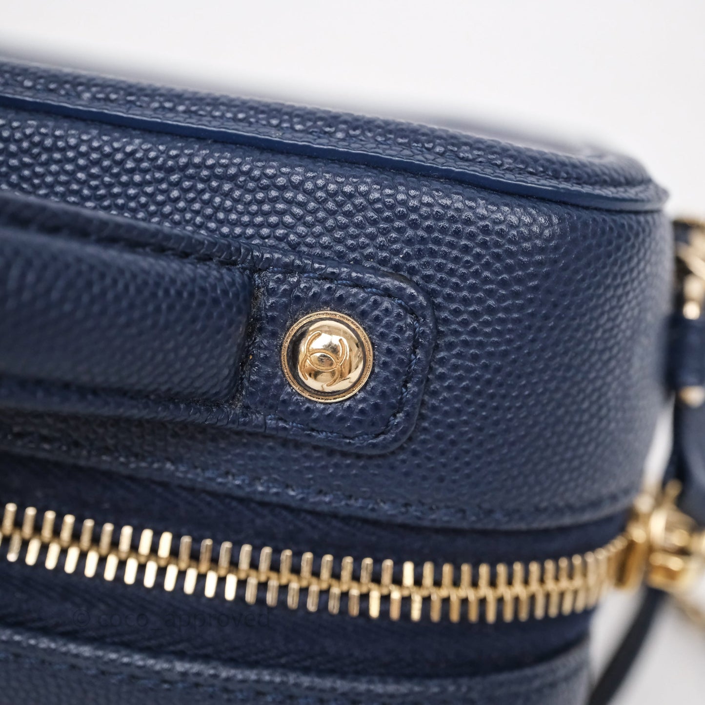 Chanel Quilted Small CC Filigree Vanity Case Navy Caviar Gold Hardware