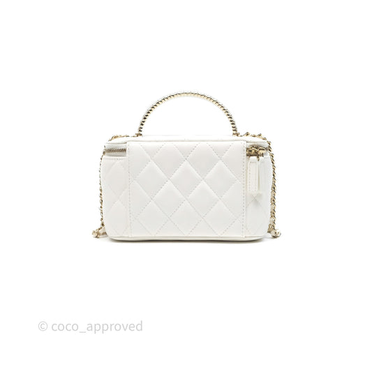 Chanel Crystals Top Handle Vanity Rectangular White Lambskin Gold Hardware