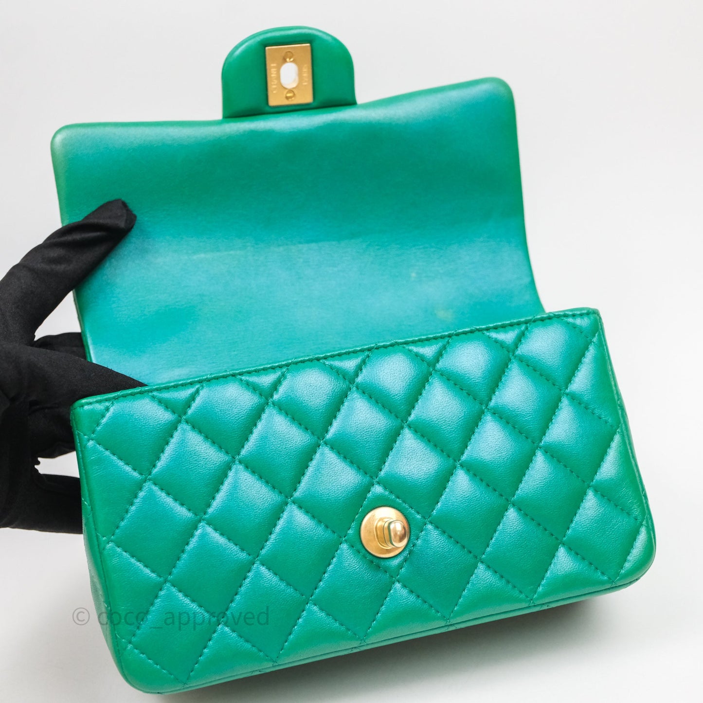 Chanel Top Handle Mini Rectangular Flap Bag Iridescent Green Lambskin Aged Gold Hardware
