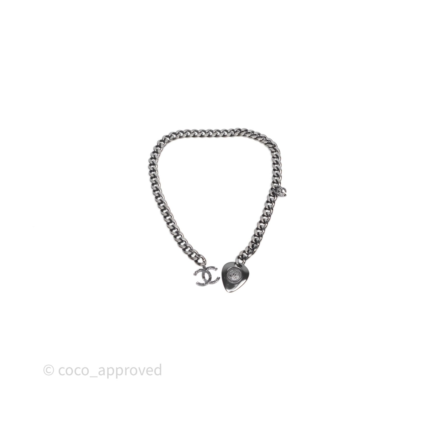 Chanel CC Guitar Charm Necklace Gun Metal Tone 20P