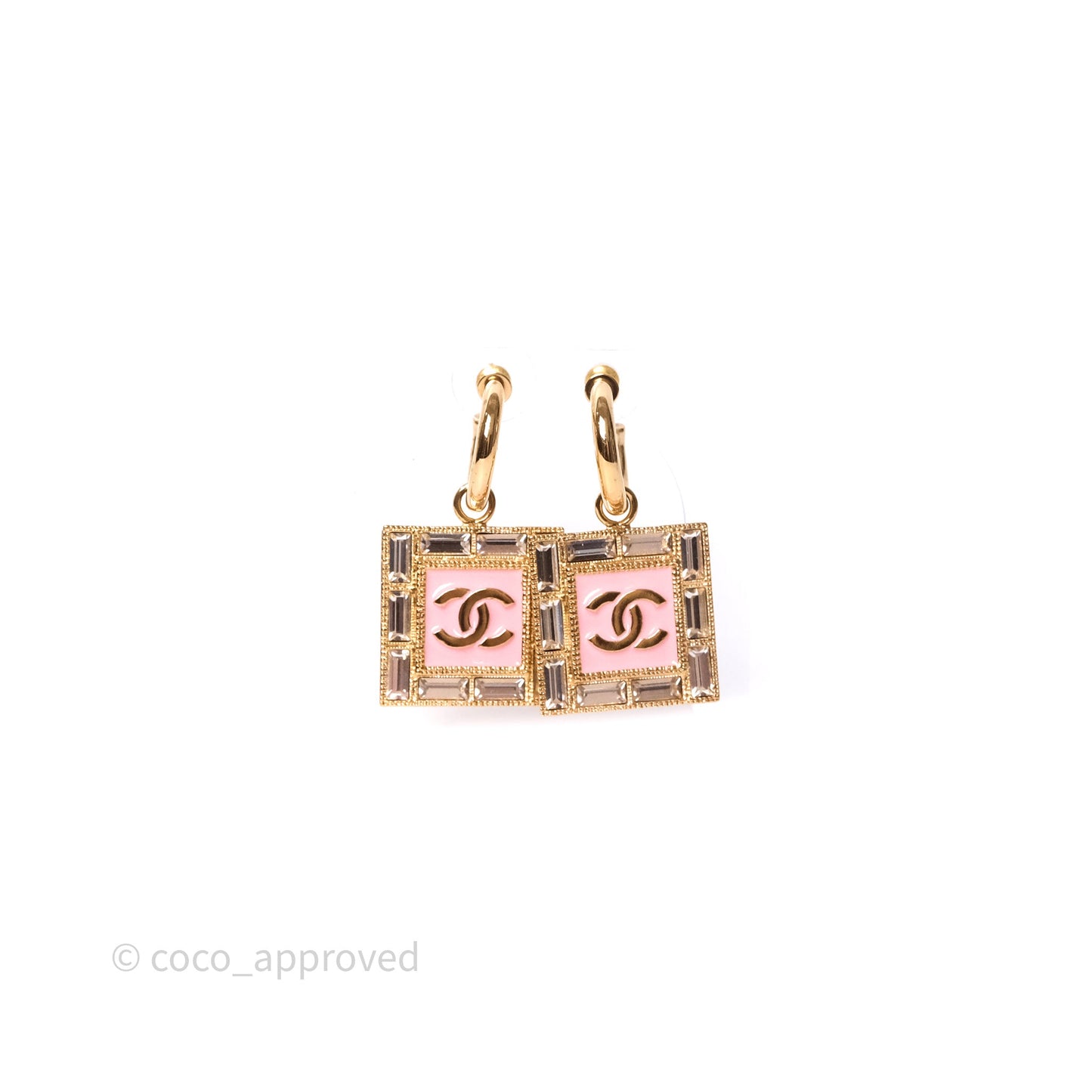 Chanel Drop Square CC Earrings Pink Gold Tone 24S