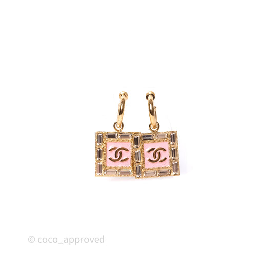 Chanel Drop Square CC Earrings Pink Gold Tone 24S