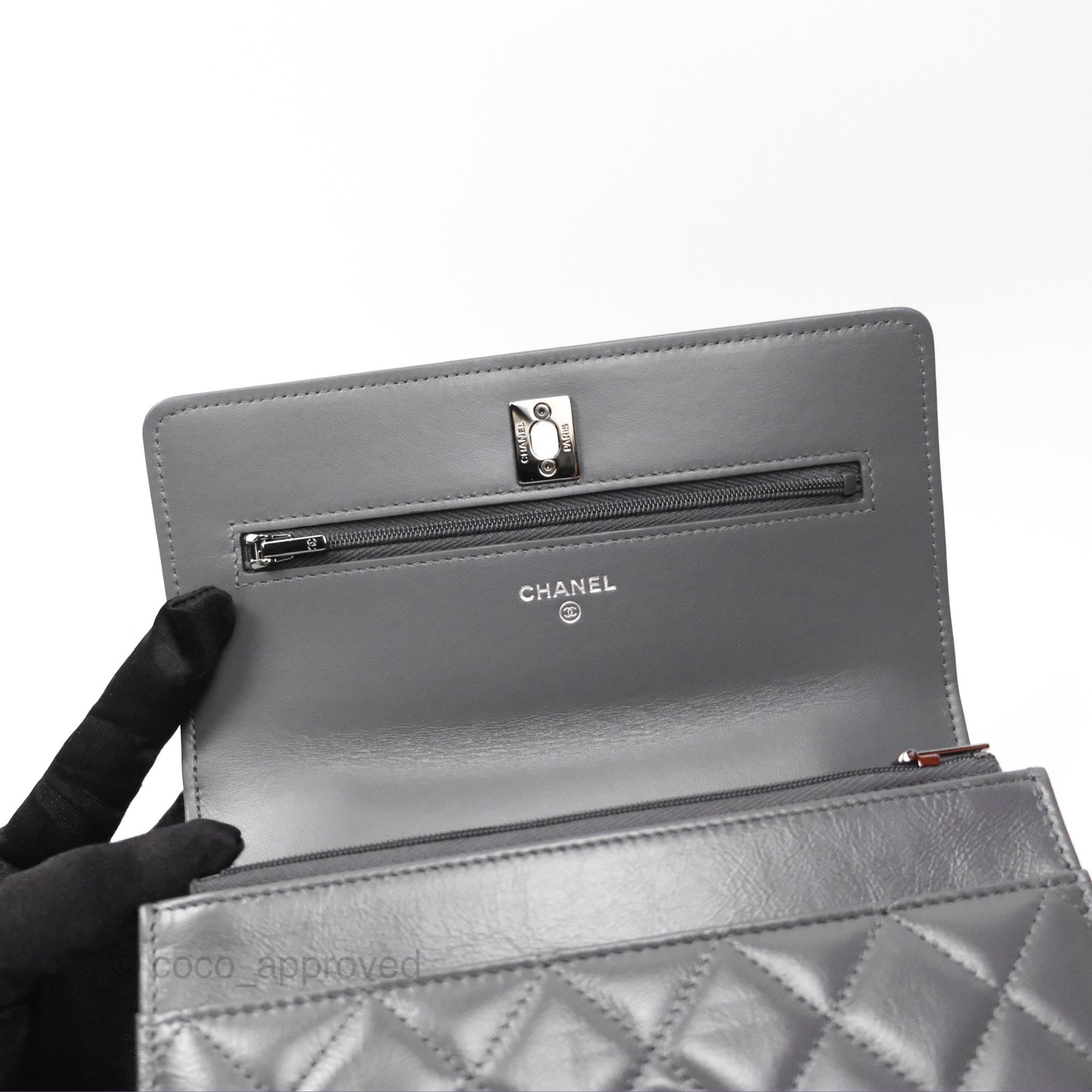 Chanel Top Handle Wallet On Chain WOC Dark Grey Calfskin Gun Metal 23K