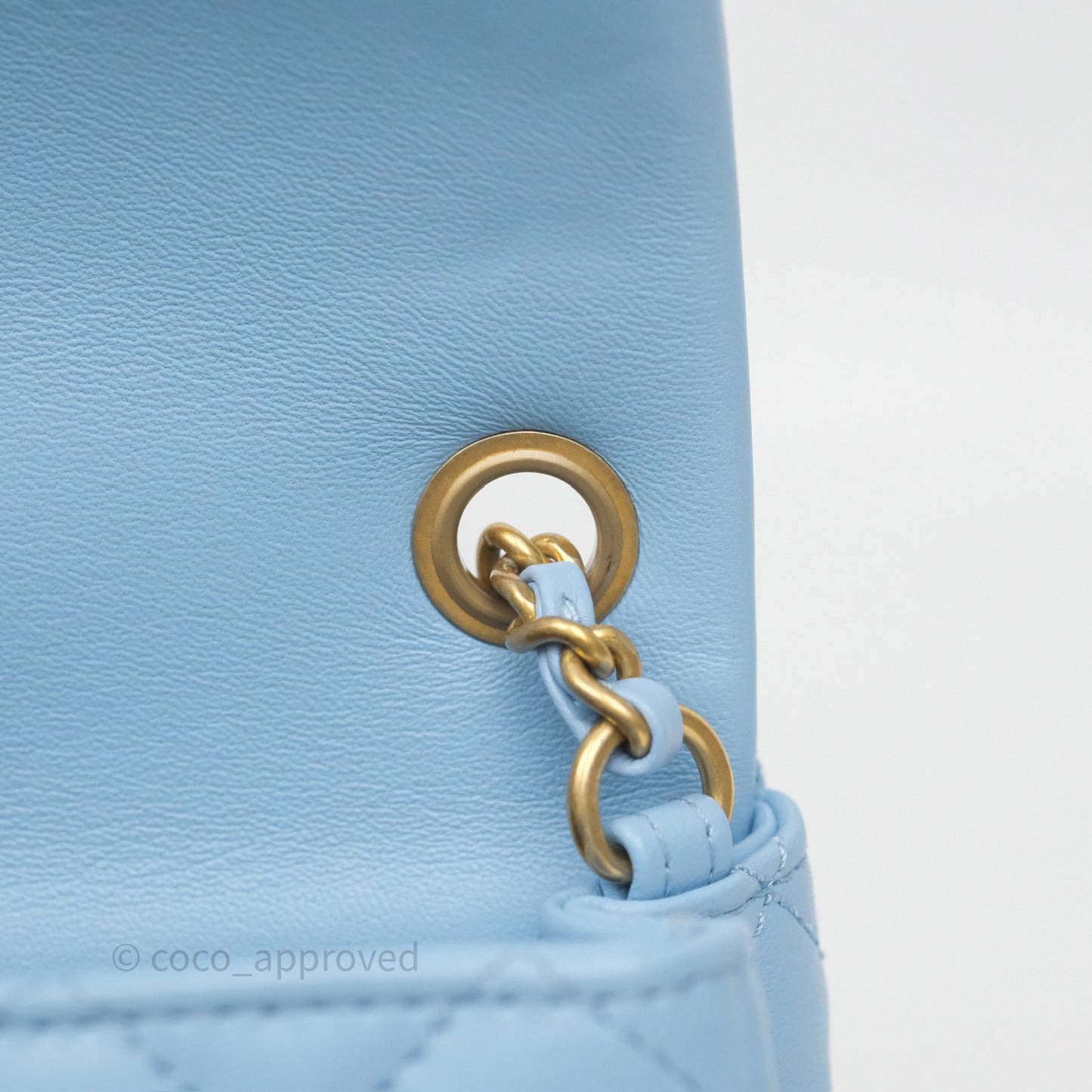 Chanel Mini Rectangular Pearl Crush Quilted Sky Blue Lambskin Aged Gold Hardware