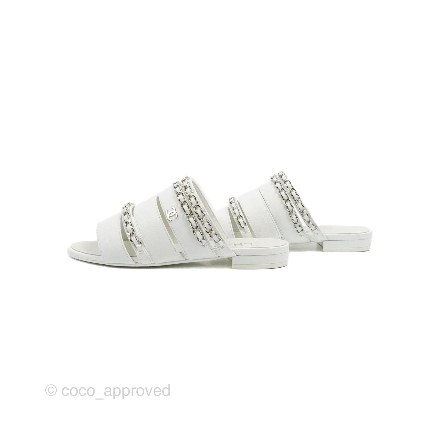 Chanel CC Chain Sandals White Silver Hardware Size 34.5