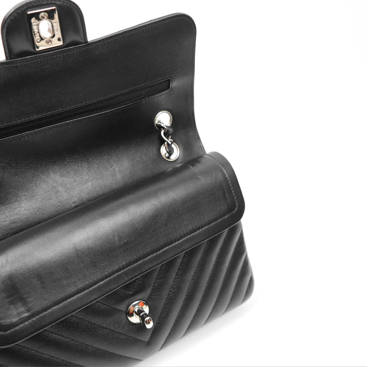 Chanel Small Classic Chevron Flap Black Lambskin Silver Hardware