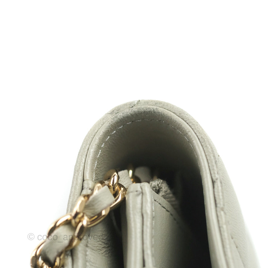Chanel Quilted Classic Wallet on Chain WOC Light Grey Lambskin Gold Hardware