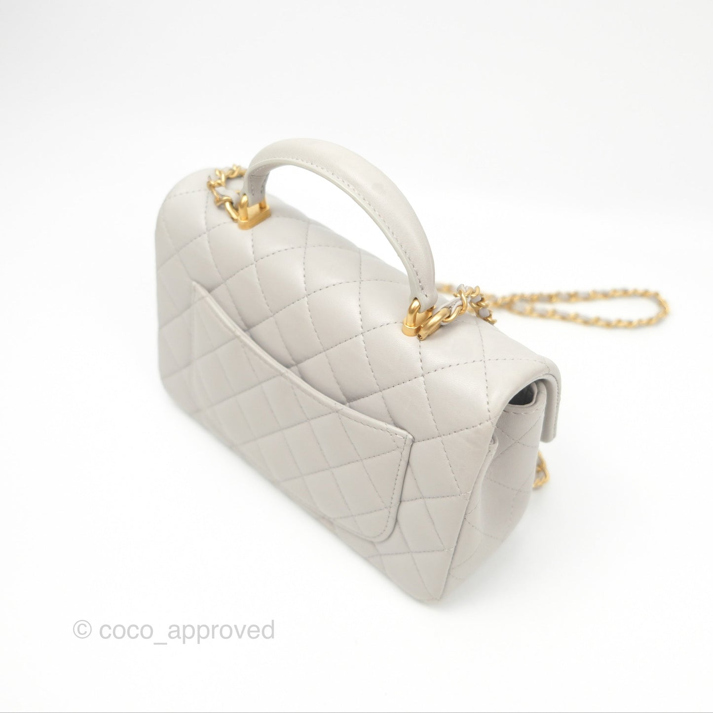 Chanel Top Handle Mini Rectangular Flap Bag Light Grey Lambskin Aged Gold Hardware