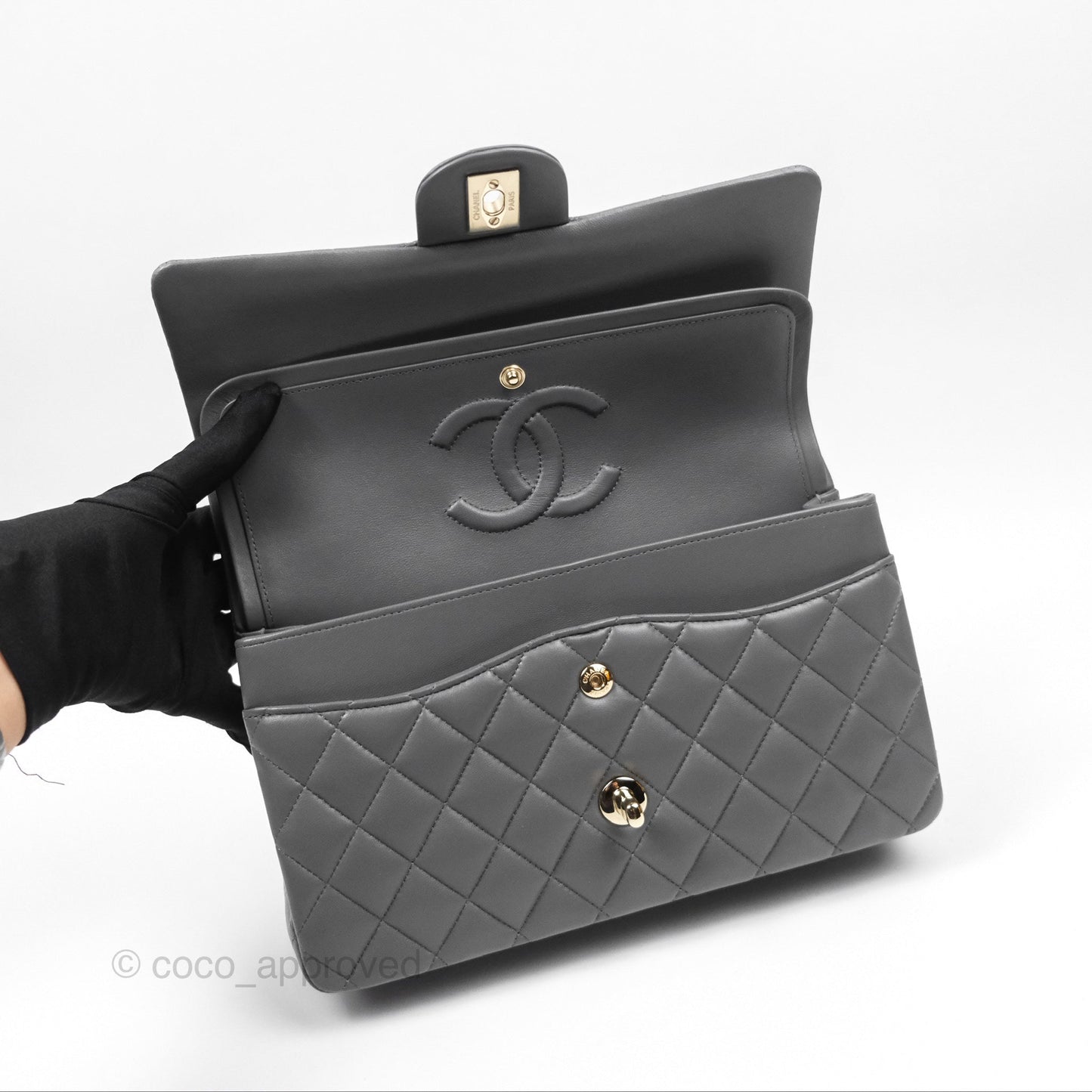 Chanel Classic M/L Medium Flap Quilted Grey Lambskin Gold Hardware