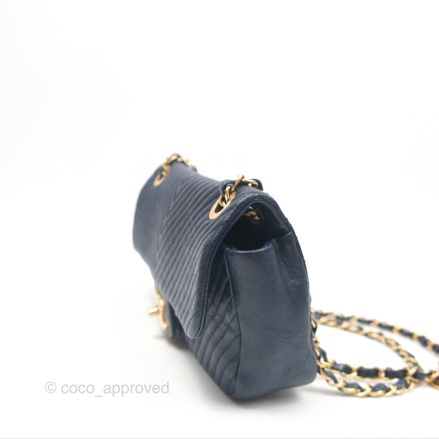 Chanel Small Chevron Surpique Flap Navy Calfskin Aged Gold Hardware