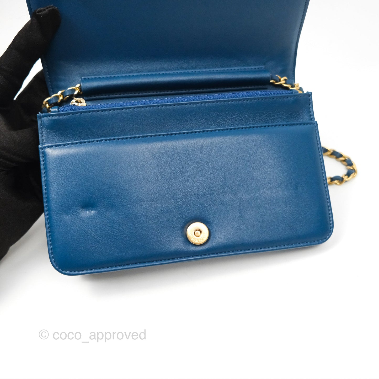 Chanel Quilted Boy Wallet on Chain WOC Blue Calfskin Aged Gold Hardware