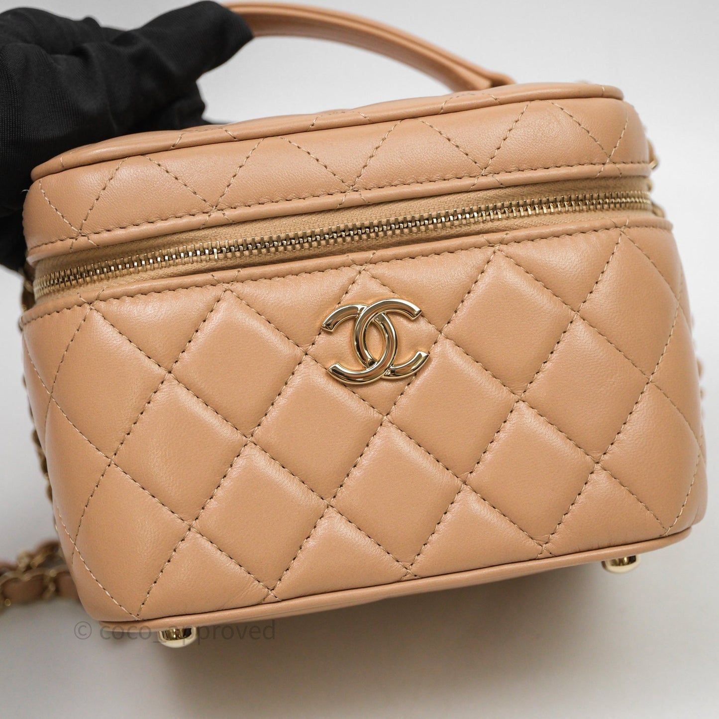 Chanel Top Handle Vanity With Chain Beige Lambskin Aged Gold Hardware