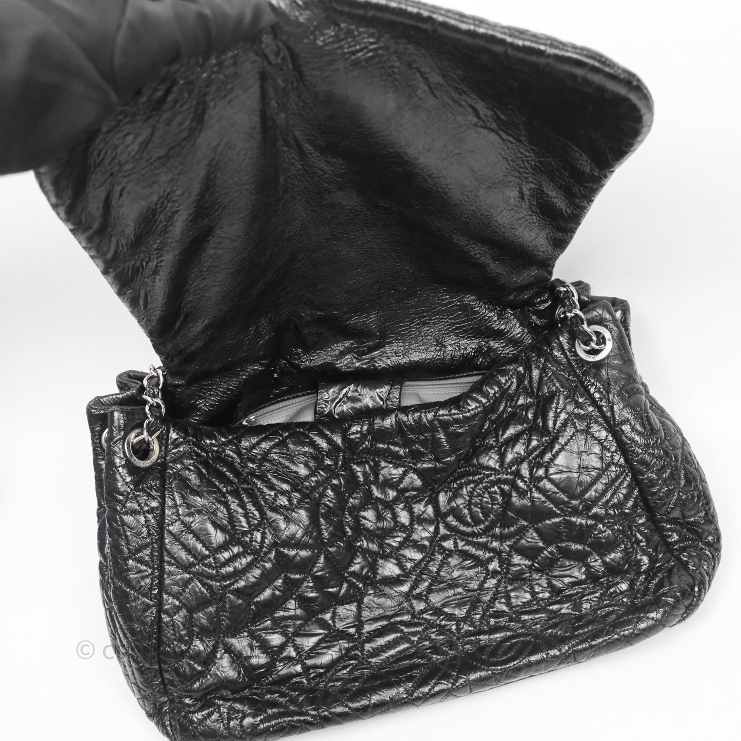 Chanel Black Vinyl Graphic Edge Flap Bag Silver Hardware⁣⁣