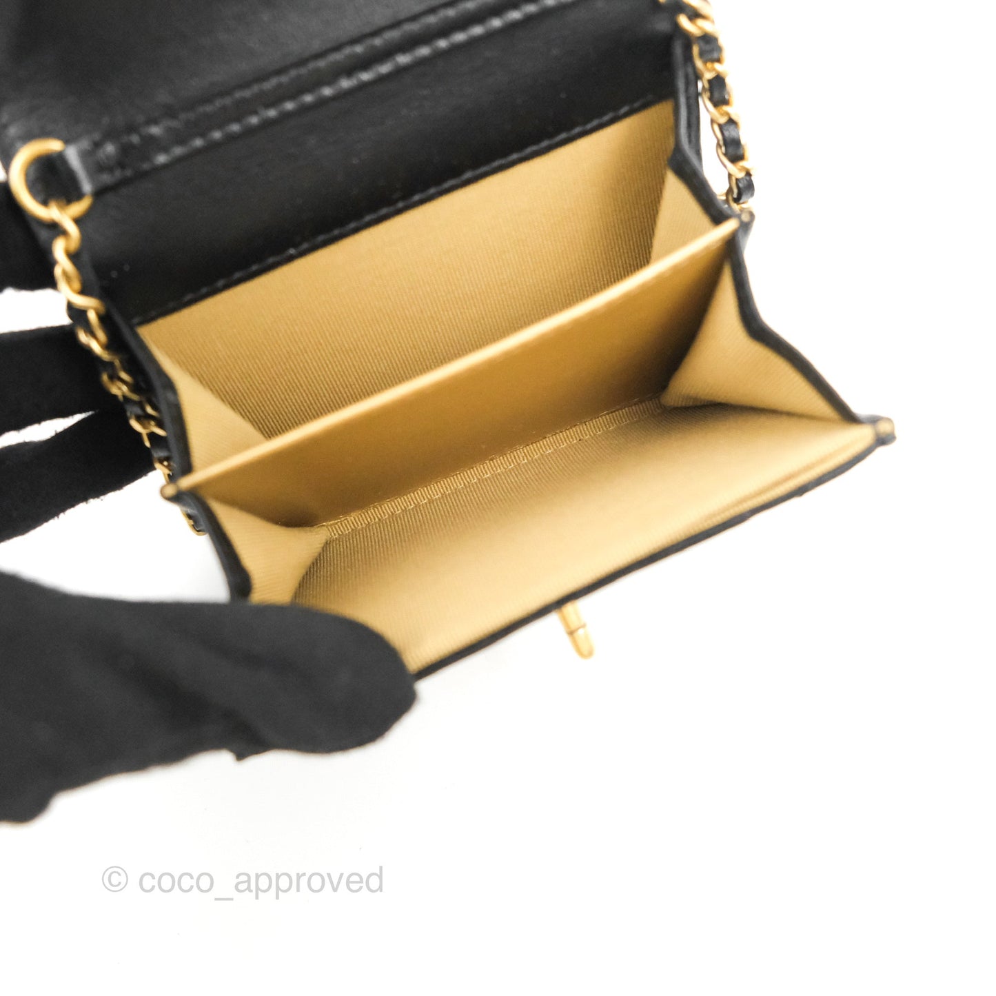 Chanel Pearl Crush Mini Clutch With Chain Black Lambskin Aged Gold Hardware