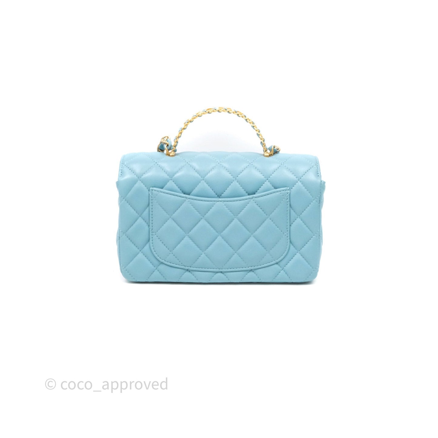 Chanel Flap Bag with Crystal Logo Top Handle Tiffany Blue Lambskin Aged Gold Hardware