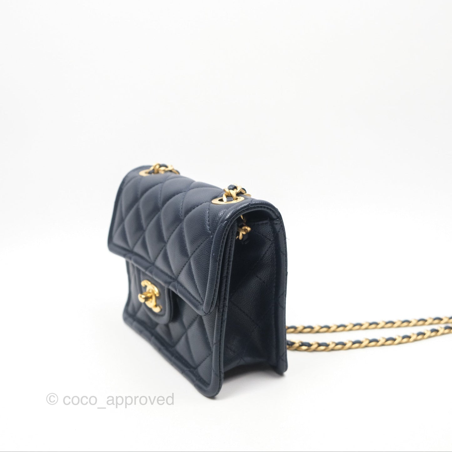 Chanel Mini Square Sweet Quilted Flap Navy Caviar Aged Gold Hardware 21P
