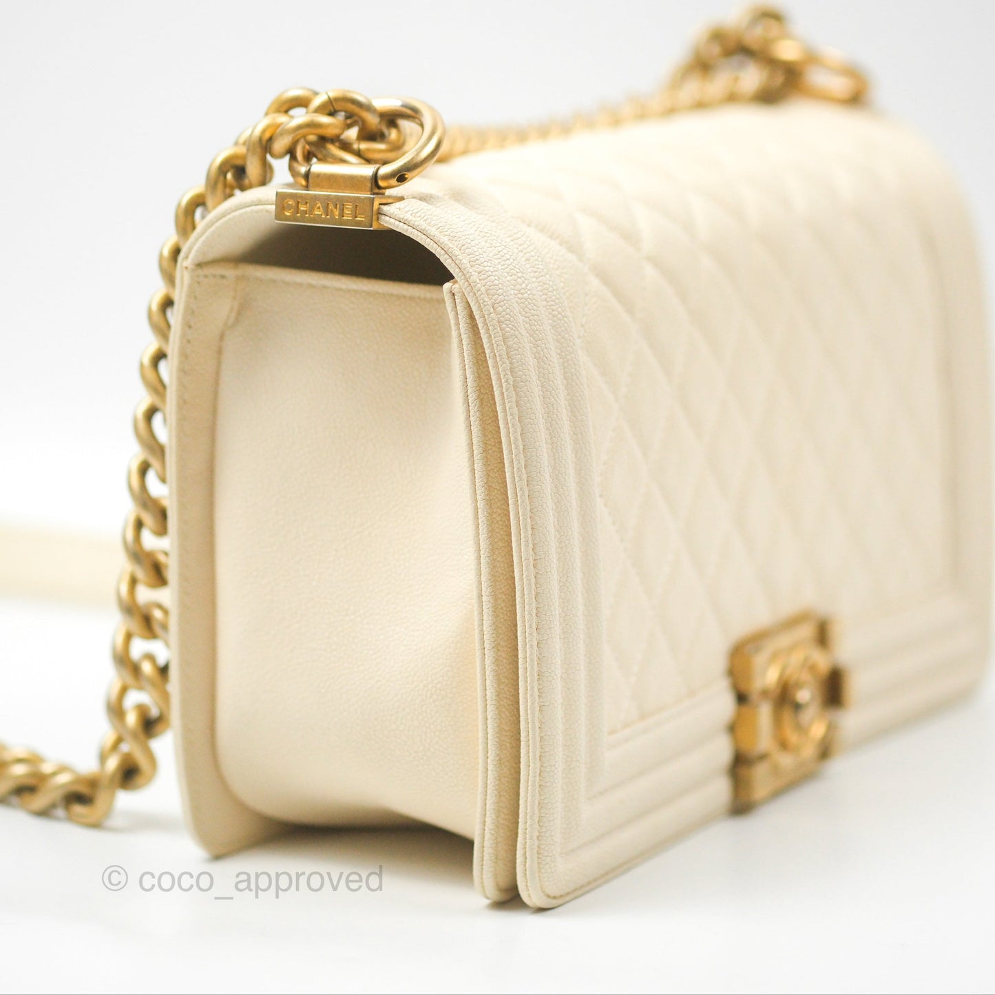 Chanel Medium Boy Quilted Ivory Caviar Aged Gold Hardware