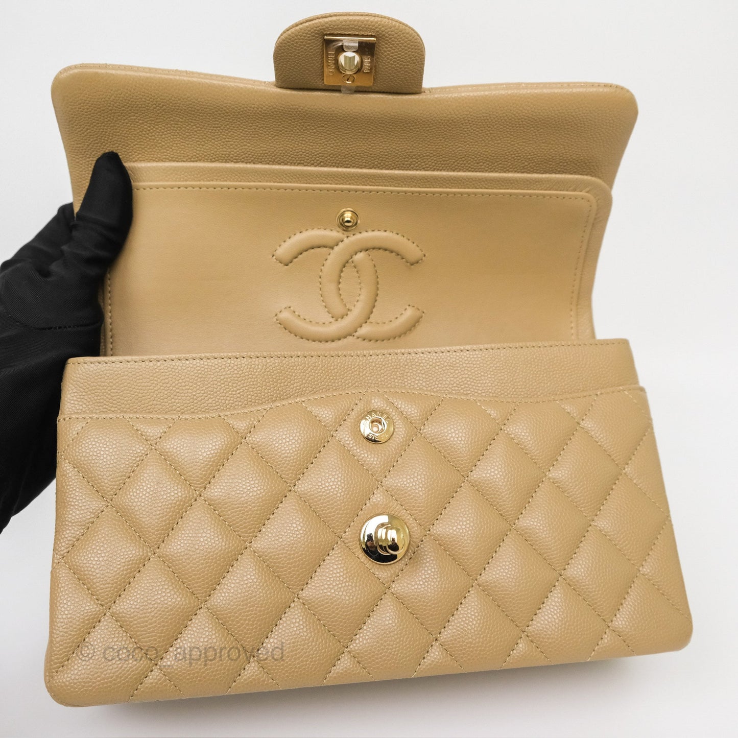 Chanel Small S/M Classic Flap Dark Beige Caviar Gold Hardware 21A