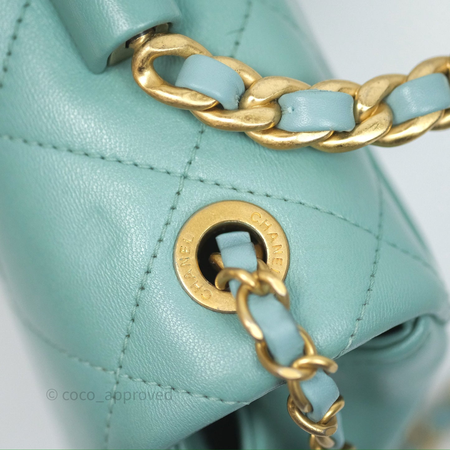 Chanel Quilted Small Circular Handle Bag Mint Green Aged Gold Hardware