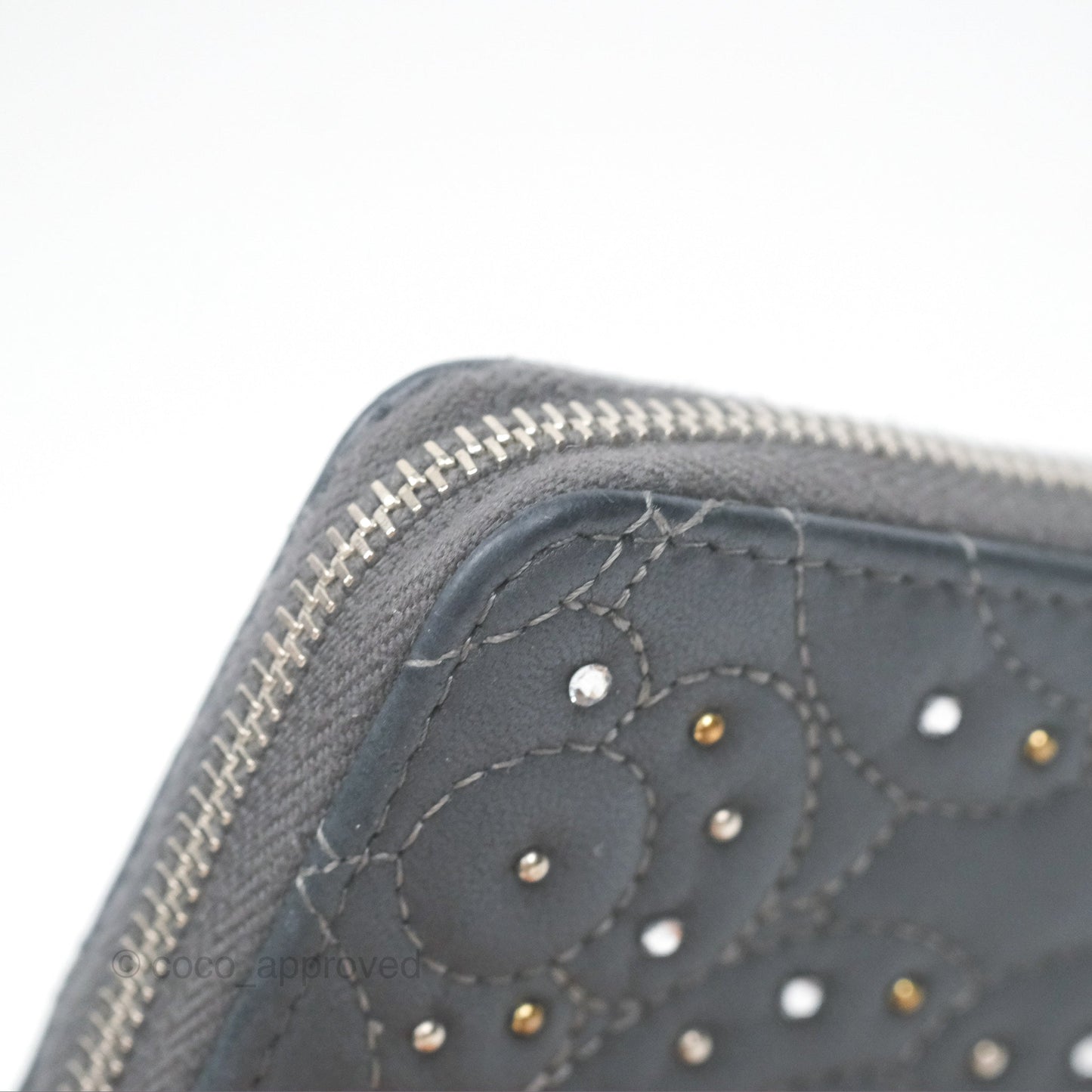 Chanel Camellia Crystal Studded Zipped Coin Purse Grey Silver Hardware