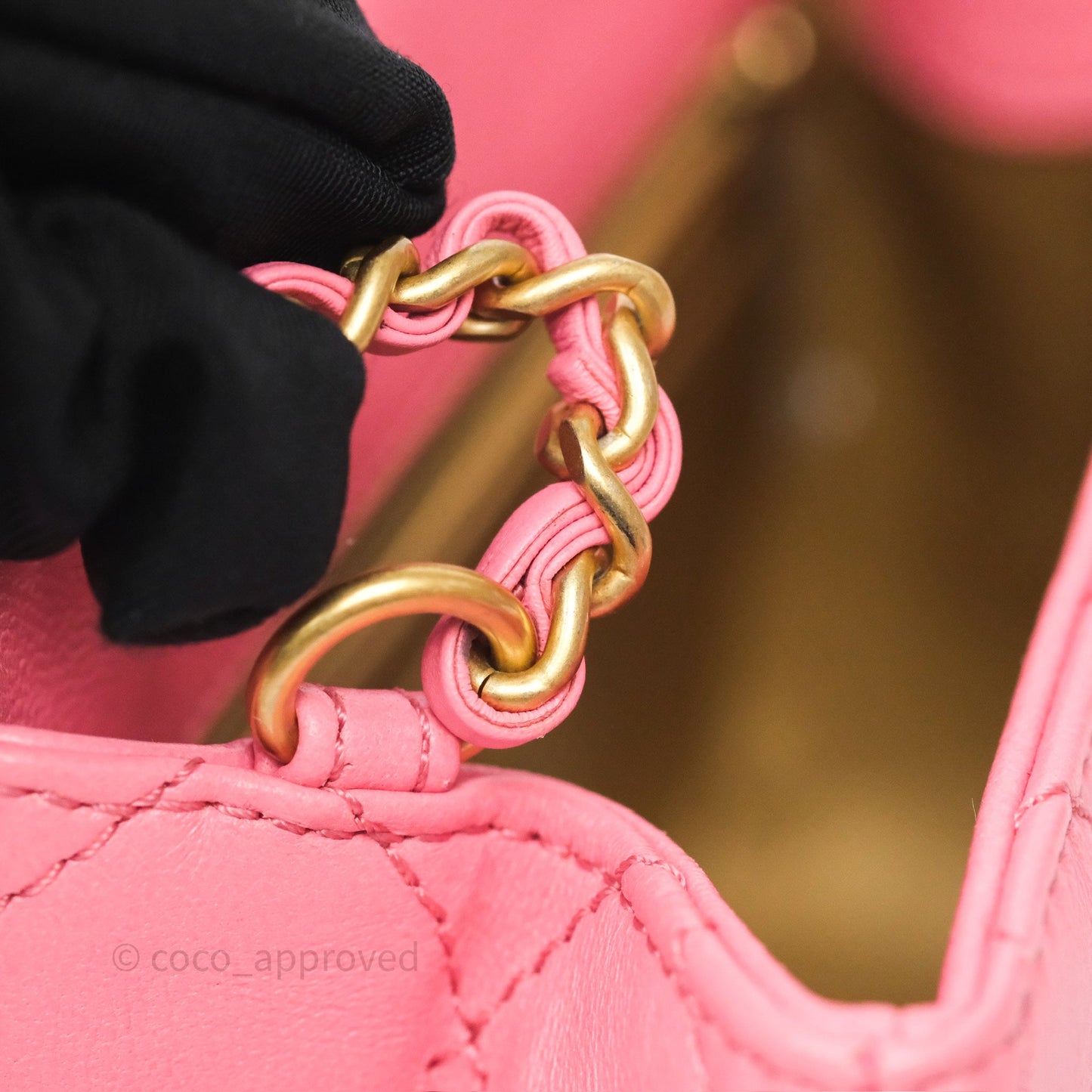 Chanel Pearl Crush Mini Square Quilted Pink Lambskin Aged Gold Hardware