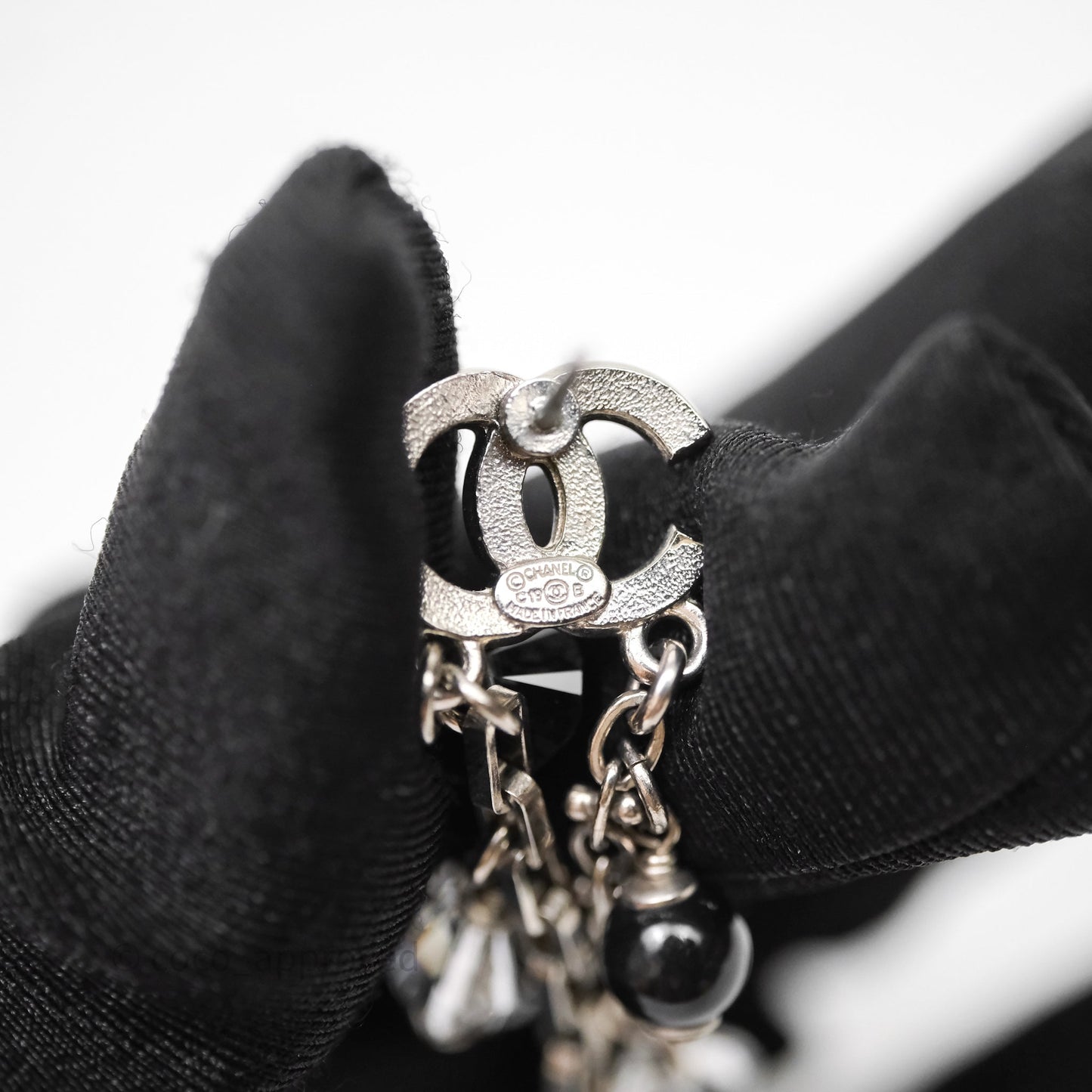 Chanel CC Black Resin Crystals Drop Earrings Silver Tone 19B
