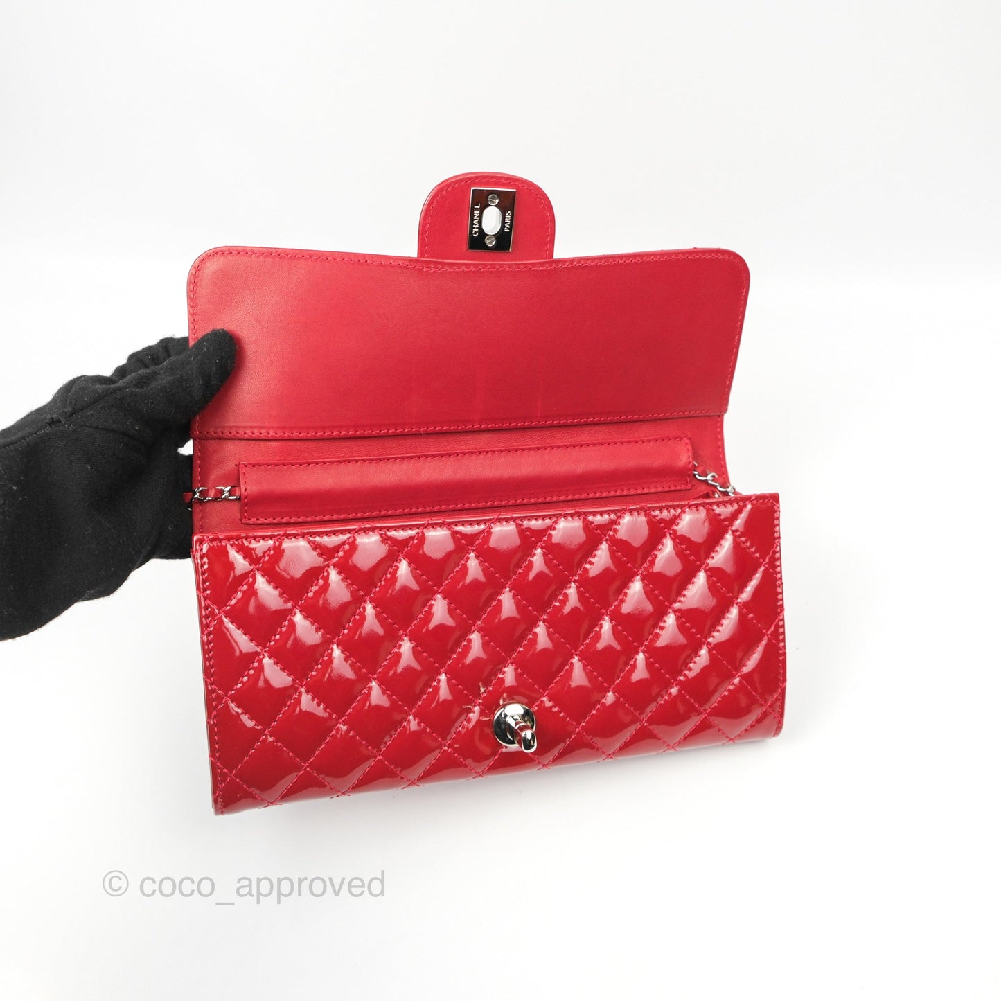 Chanel Brilliant East West Flap Clutch with Chain Red Patent Silver Hardware