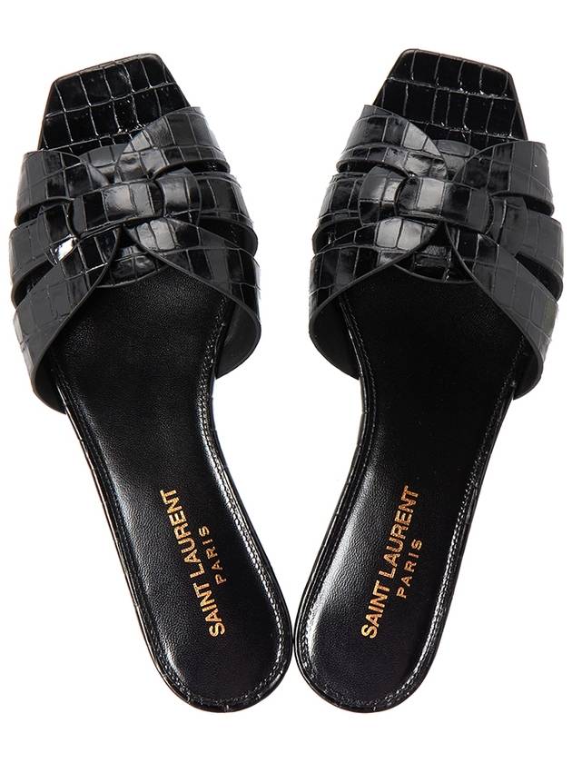 Luxury Saint Laurent Tribute Crocodile Embossed Shiny Leather Mules Black