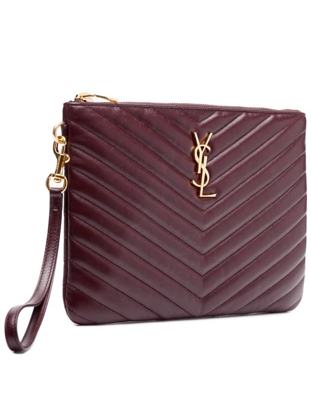 Luxury Saint Laurent Matelasse Monogram Logo Strap Clutch Bag Burgundy