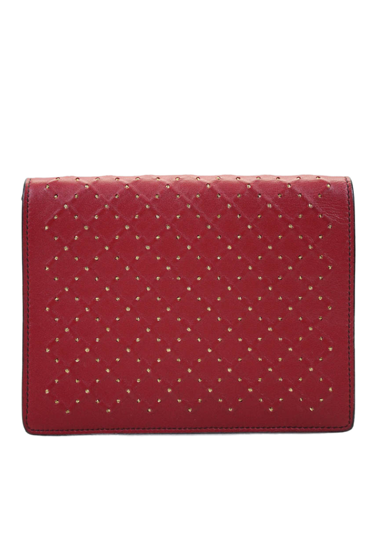 Luxury Bottega Veneta Womens Leather Metallic Woven Buttoned Zip Clutch Handbag Red