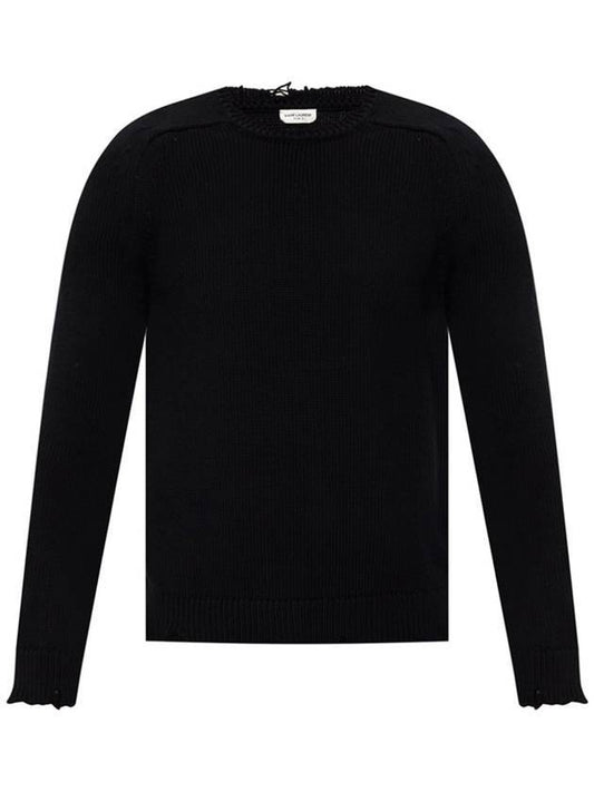 Luxury Saint Laurent Destroyed Cotton Knit Top Black