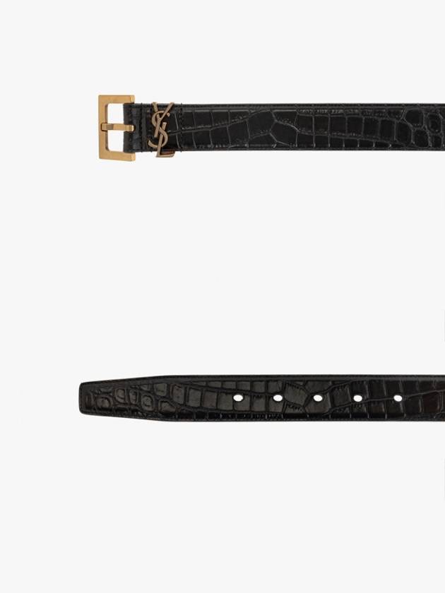 Luxury Saint Laurent Cassandra Square Crocodile Leather Buckle Belt Black