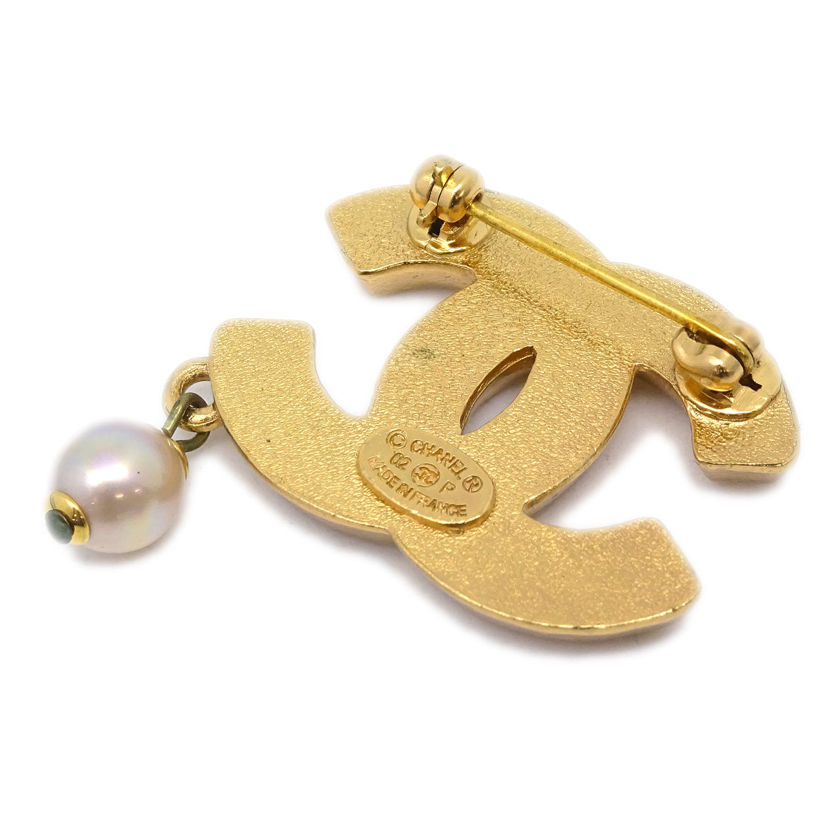 Luxury Chanel Rhinestone Artificial Pearl Brooch Pin Gold 02P
