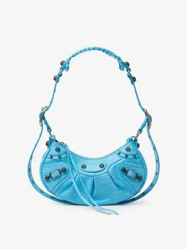Luxury Balenciaga Le Cagole XS  Crocodile Embossed Shoulder Bag Blue Sky