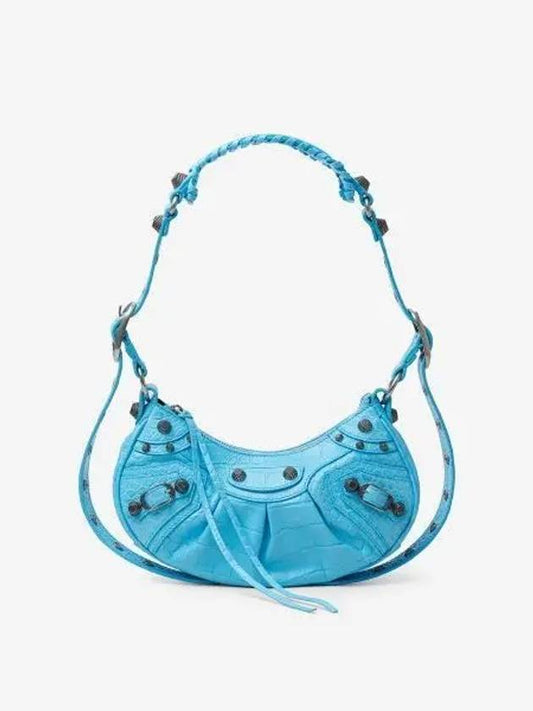 Luxury Balenciaga Le Cagole XS  Crocodile Embossed Shoulder Bag Blue Sky