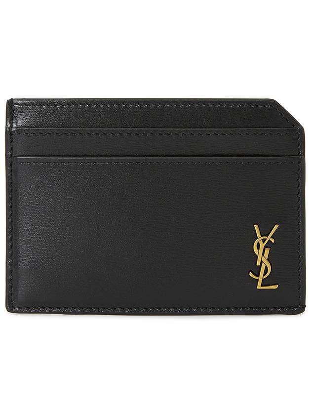 Luxury Saint Laurent Tiny Cassandre Open Shiny Leather Card Wallet Black