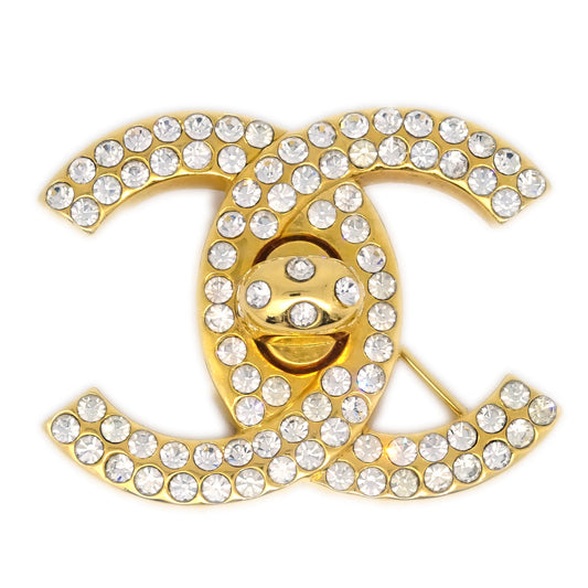 Luxury Chanel CC Turnlock Rhinestone Brooch Pin Gold 96P