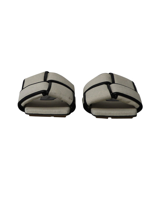 Luxury Bottega Veneta Woven Patterned Slides in Off-White Canvas
