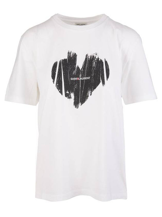 Luxury Saint Laurent Heart Print Short Sleeve T-Shirt White