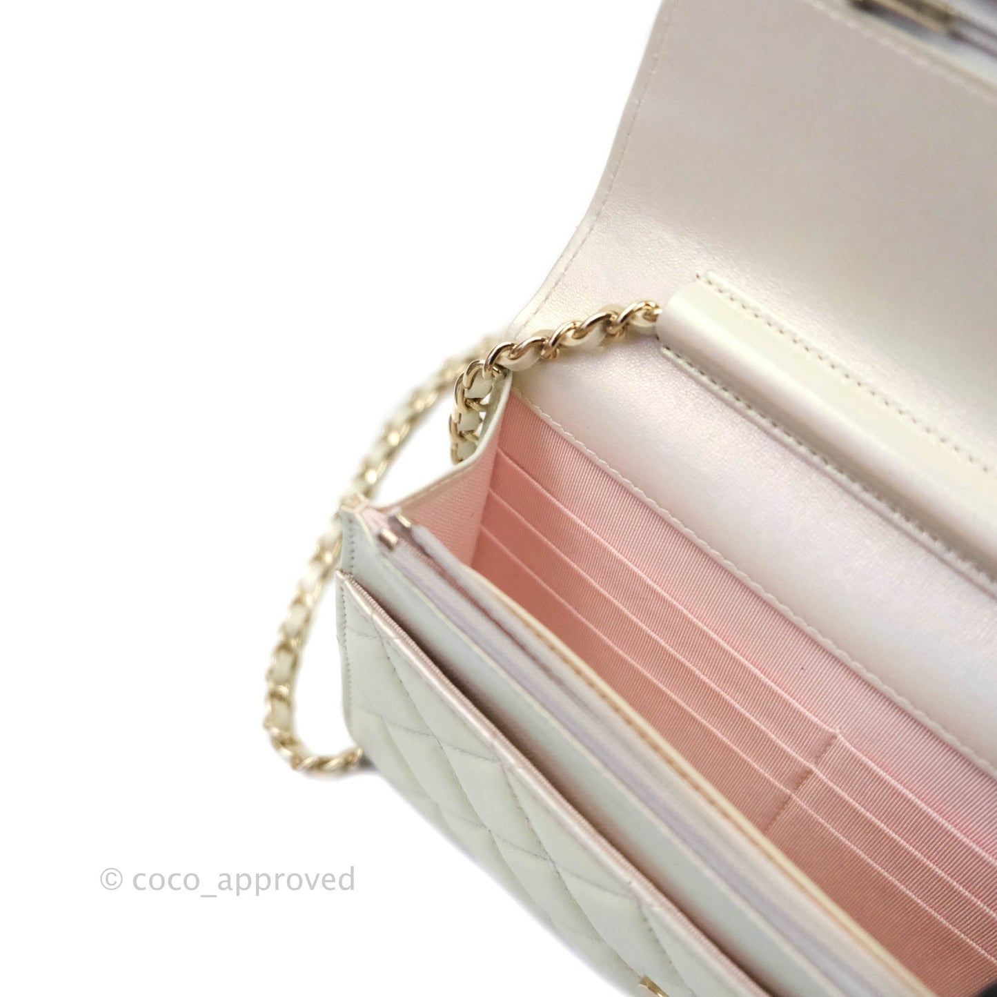 Chanel Quilted Wallet on Chain WOC Iridescent Ivory Light Gold Hardware