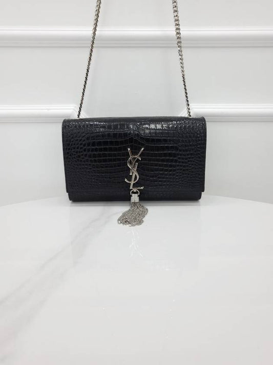 Luxury Saint Laurent Crocodile Kate Medium Chain Tassel Bag