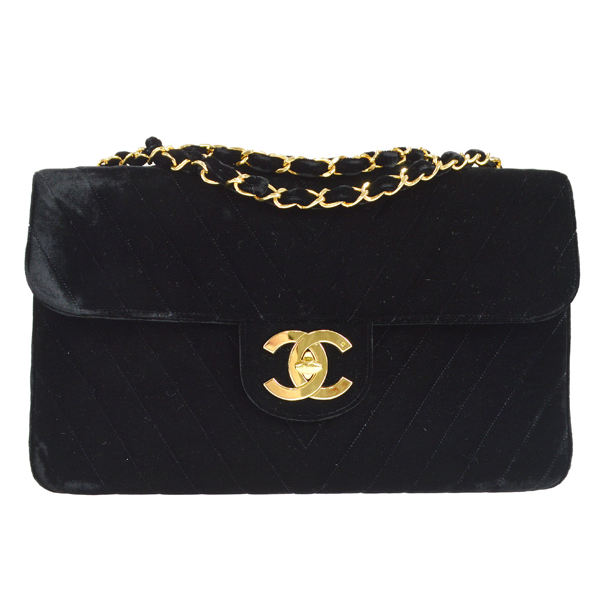 Luxury Chanel * 1990s Black Velvet Chevron Classic Flap Maxi