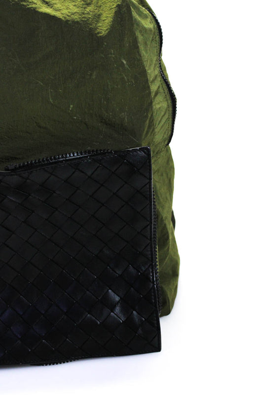 Luxury Bottega Veneta Womens Black Green Intrecciato Packable Backpack Bag Handbag