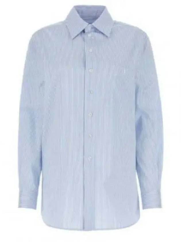 Luxury Saint Laurent Striped Cotton Poplin Monogram Long Sleeve Shirt Blue