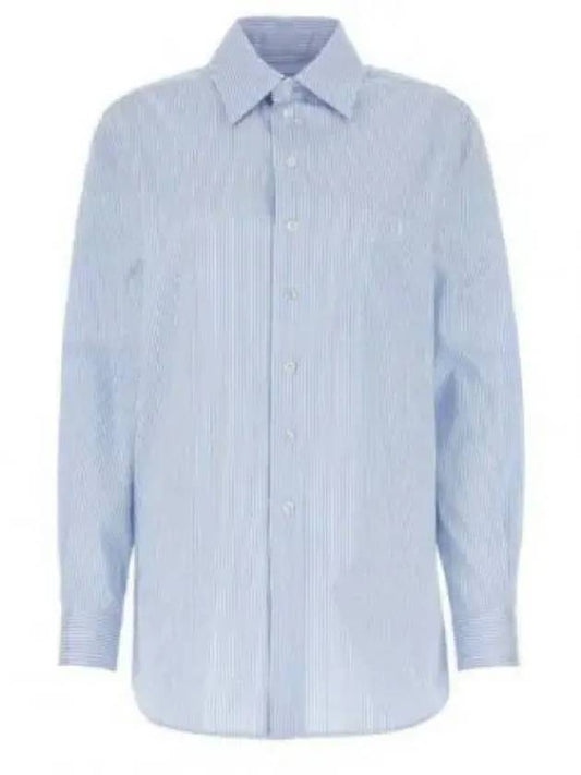 Luxury Saint Laurent Striped Cotton Poplin Monogram Long Sleeve Shirt Blue