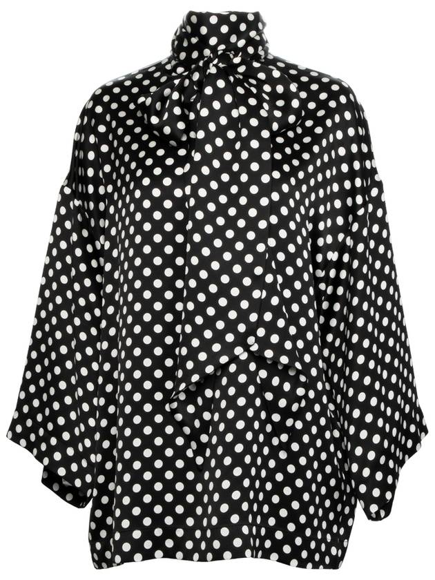 Luxury Saint Laurent Polka Dot Bow Satin Blouse Black